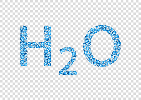 Chemical formula of water with  drops  isolated on transparent background. Different forms  of realistic pure blue droplets or bubbles. Vector background.のイラスト素材