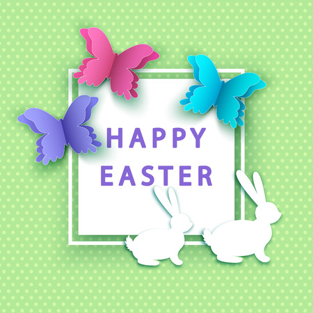 Happy easter background with  papercut  colorful  butterfly and  bunny. Spring. Vector flat design poster, greeting  card  template.のイラスト素材