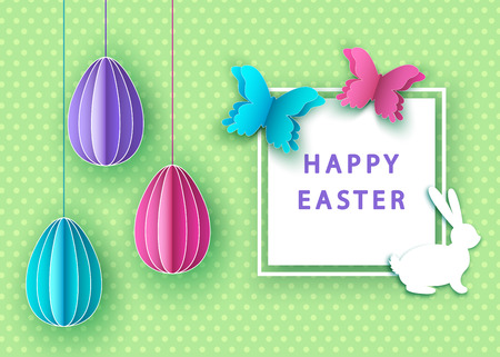 Happy Easter background with paper cut colorful eggs, butterfly and bunnyのイラスト素材