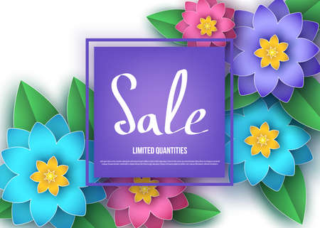 Spring or summer  season  sale banner with colorful  flowers. Trendy floral  background. Vector paper cut  graphic design elements for promotion offer, fashion, greeting card.のイラスト素材