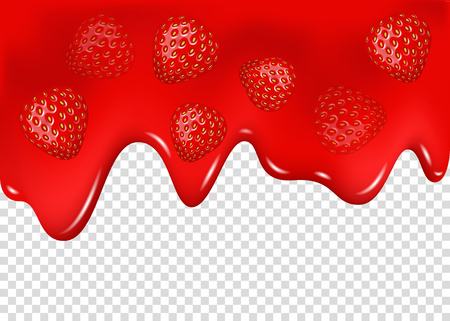 Drips of strawberry jam with berries. Realistic  red syrup. Flowing liquid. Vector background.のイラスト素材