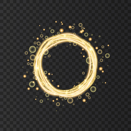 Gold neon round frame with lights effects isolated on black transparent background. Shining  golden  circle with magic glitter sparkles. Vector design element.のイラスト素材