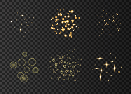 Gold neon circles and stars lights effects isolated on black transparent background. Shining  golden   sparkles. Firework. Vector design element.のイラスト素材