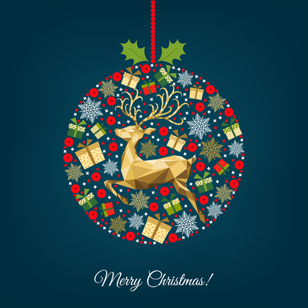 Colorful  Christmas ball.  Golden, red, green, white  decoration. Happy New Year background. Gold Xmas  reindeer, gifts,  snowflakes. Vector template  for greeting  card.のイラスト素材