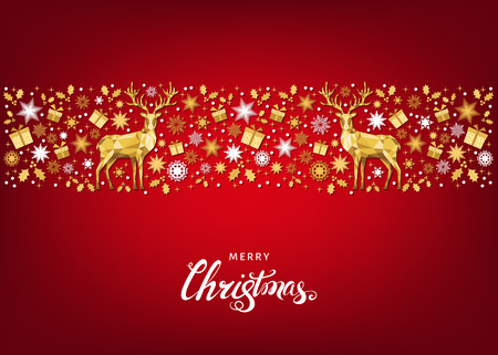 Christmas pattern with lettering and gold Xmas deer and snowflakes. Tree decoration. Happy New Year red background. Vector colorful template for greeting card.のイラスト素材