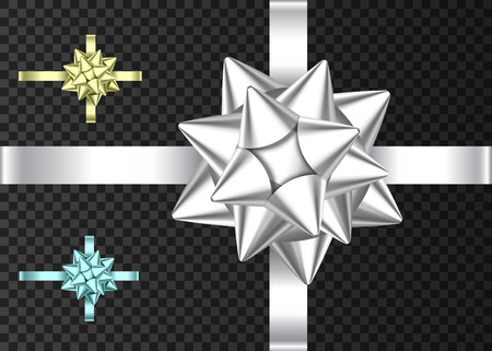 Decorative silver, blue  and golden gift ribbon and bow isolated on dark  background. Holiday decoration.Vector set of decor elements  for banner, greeting card, poster.のイラスト素材