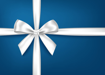 White  gift ribbon and bow isolated on blue  background. Christmas, New Year, birthday silver decoration. Vector realistic decor element  for banner, greeting card, poster.のイラスト素材
