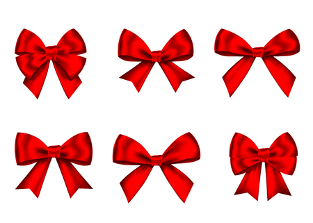 Red  gift  bows set  isolated on white background. Christmas, New Year, birthday  decoration. Vector realistic decor element  for banner, greeting card, poster.のイラスト素材