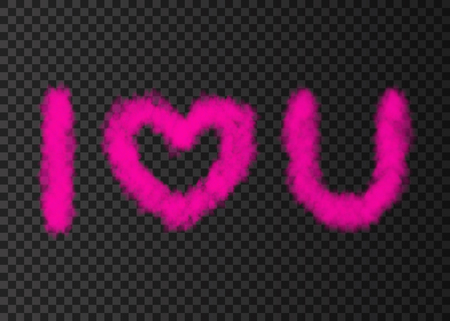 Pink  cloud text I love you isolated on transparent background.  Steam  heart  shape special effect.  Realistic  vector fog,  fire smoke  or mist texture for Valentine day banner template .のイラスト素材
