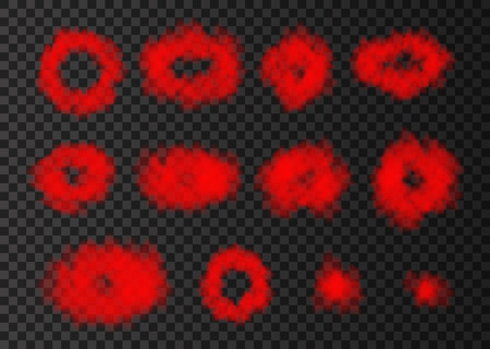Red  puff  of  smoke  isolated on transparent background.  Steam rings from  smoking pipe special effect.  Realistic  vector rising circles of  fog or mist texture .のイラスト素材