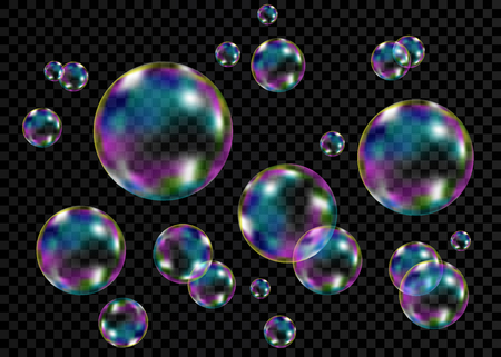 Set of realistic transparent colorful soap  bubbles with rainbow reflection isolated on checkered background. Vector texture.のイラスト素材