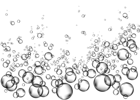 Effervescent drink. Underwater  black fizzing air bubbles on white  background. Fizzy sparkles in water, sea, aquarium, ocean. Fizz. Undersea vector texture.のイラスト素材
