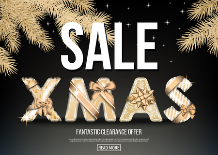 Christmas sale banner with golden decorative letters with  gold gift bow, ribbon  and  fir branch. Xmas text on black background. Winter holiday special offer. Vector template.のイラスト素材