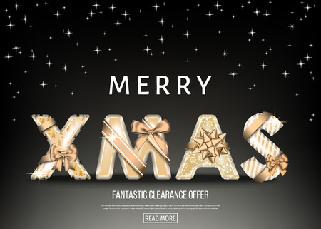 Merry Christmas black background with golden decorative letters with  gold gift bow, ribbon. Xmas text. Winter holiday decoration. Vector greeting card template.のイラスト素材