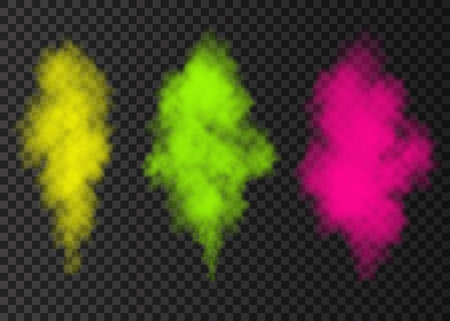 Yellow, green, pink  smoke burst  isolated on transparent background.  Color steam explosion special effect.  Realistic  vector  column of  fire fog or mist texture .のイラスト素材