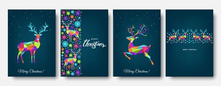 Christmas and Happy New Year pattern.  Polygonal Xmas  reindeer and  snowflakes. Bright colorful  tree decoration on blue background.Vector template  for cover,  greeting  card.のイラスト素材