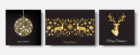 Christmas tree,  ball. Gold pattern. Golden, white  decoration. Happy New Year black background. Xmas  reindeer, gifts,  snowflakes. Vector template  for greeting  card.のイラスト素材