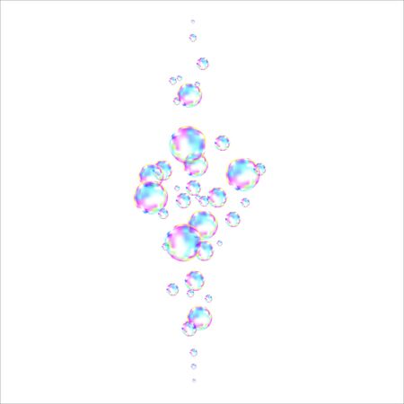 Realistic transparent colorful soap  bubbles with rainbow reflection isolated on white  background. Vector texture.のイラスト素材