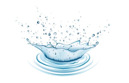Blue water splash and drops isolated on white background. Aqua crown. Vector illustration.のイラスト素材