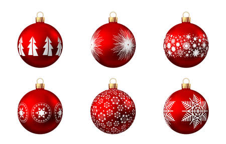 Realistic red Christmas balls with pattern isolated on white background. Xmas tree decoration. Vector bauble collection.のイラスト素材
