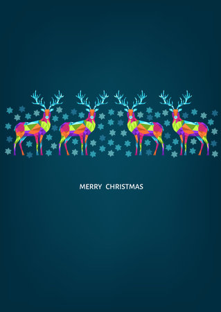 Christmas and Happy New Year pattern. Polygonal Xmas reindeer and snowflakes. Bright colorful tree decoration on blue background.Vector template for cover, greeting card.のイラスト素材