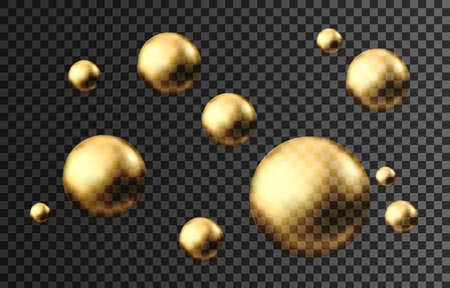 Gold sphere. Oil bubble isolated on black background. Golden glossy 3d ball or precious pearl. Yellow serum or collagen drops. Vector decoration element for skincare cosmetic package.のイラスト素材
