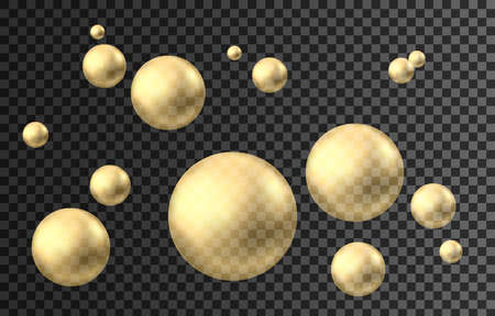 Gold sphere. Oil bubble isolated on black background. Golden glossy 3d ball or precious pearl. Yellow serum or collagen drops. Vector decoration element for skincare cosmetic package.のイラスト素材