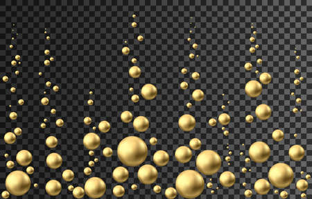 Gold sphere. Oil bubble isolated on black background. Golden glossy 3d ball or precious pearl. Yellow serum or collagen drops. Vector decoration element for skincare cosmetic package.のイラスト素材