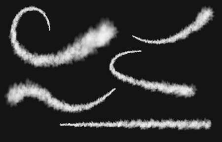 Plane track isolated on transparent background. White smoke texture. Sky. Realistic vector column of fog or mist.のイラスト素材