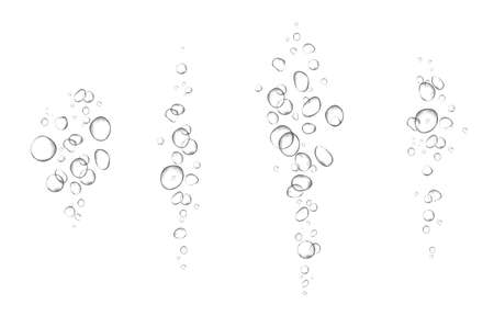 Oxygen air bubbles flow in water on white background. Fizzy sparkles in sea, aquarium. Soda pop. Champagne. Effervescent tablet. Undersea vector texture.のイラスト素材