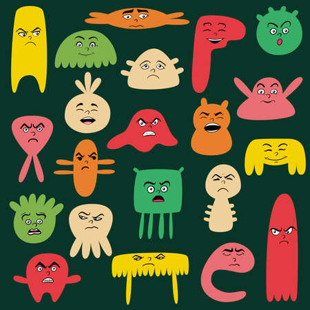 Cartoon cute and funny faces with positive and negative emotions. Comic monster characters with eyes...
