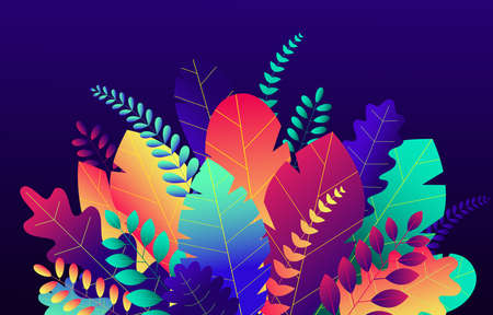 Trendy neon gradient plants and leaves background in flat style with space for text. Tropical leaves and flowers. Autumn, spring and summer nature pattern. vector banner.のイラスト素材
