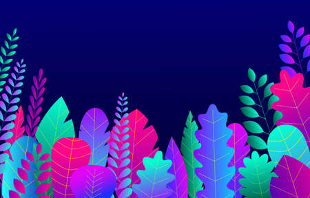 Trendy neon gradient plants and leaves background in flat style with space for text. Tropical leaves and flowers. Autumn, spring and summer nature pattern. vector banner.のイラスト素材