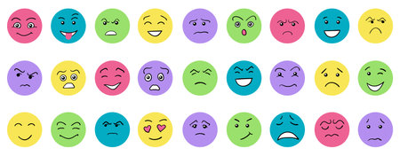 Cartoon cute and funny faces with positive and negative emotions. Comic caricature characters with eyes and mouth. Hand drawn facial expressions set. Vector flat avatar icons.のイラスト素材