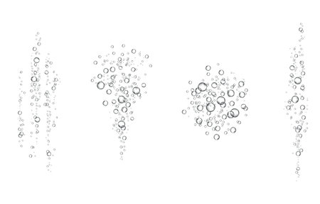 Oxygen air bubbles flow in water on white background. Fizzy sparkles in the sea, aquarium. soda pop. Champagne. Effervescent tablet. Undersea vector texture.のイラスト素材