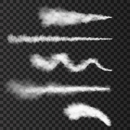 Smoke from military rocket launch. Plane track or missile trail isolated on transparent background. Realistic war vector texture.のイラスト素材