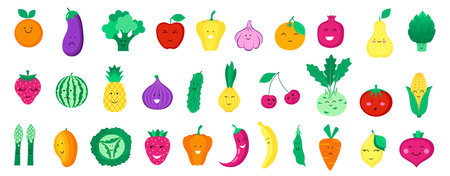 Set of organic fruits, vegetables and berries isolated on white background. healthy lifestyle. Vector illustration in flat style.のイラスト素材