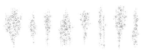 Oxygen air bubbles flow in water on white background. Fizzy sparkles in the sea, aquarium. soda pop. Champagne. Effervescent tablet. Undersea vector texture.のイラスト素材