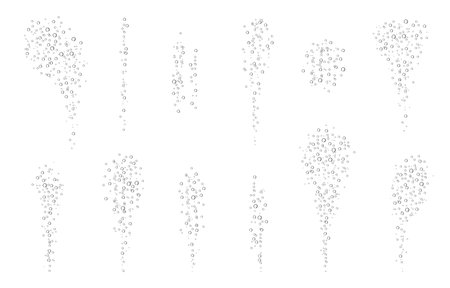 Oxygen air bubbles flow in water on white background. Fizzy sparkles in the sea, aquarium. soda pop. Champagne. Effervescent tablet. Undersea vector texture.のイラスト素材