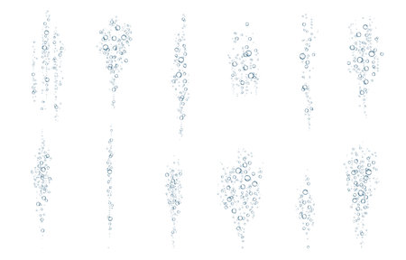 Oxygen air bubbles flow in water on white background. Fizzy sparkles in the sea, aquarium. soda pop. Champagne. Effervescent tablet. Undersea vector texture.のイラスト素材