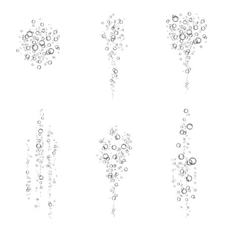 Oxygen air bubbles flow in water on white background. Fizzy sparkles in the sea, aquarium. soda pop. Champagne. Effervescent tablet. Undersea vector texture.のイラスト素材