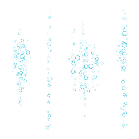 Oxygen air bubbles flow in water on white background. Fizzy blue sparkles in sea, aquarium. Soda pop. Effervescent tablet. Undersea vector texture.のイラスト素材