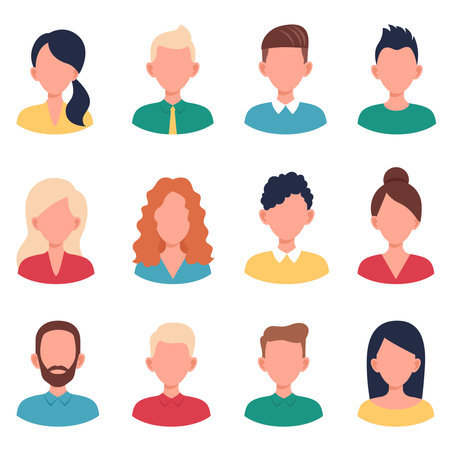 Set male and female portraits. Man and woman user avatar profile. Faces of boys and girls with different hairstyles. Vector people characters. Illustration in flat style.のイラスト素材