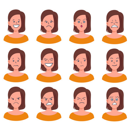 Portraits of woman. Girl Avatar. Happy, sad, angry, surprised, upset, proud faces of women. Female emotions. Facial expression. Happiness, fear, sadness, anger, surprise. Flat vector character.のイラスト素材