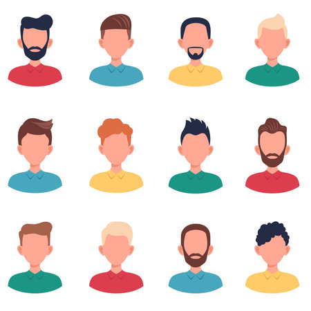 Set male portraits. Man user avatar profile. Faces of boys with different hairstyles. Vector people characters. Illustration in flat style.のイラスト素材