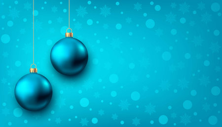Hanging Christmas balls isolated on blue background. Xmas realistic baubles decor. Winter holyday greeting card template. Vector banner.のイラスト素材