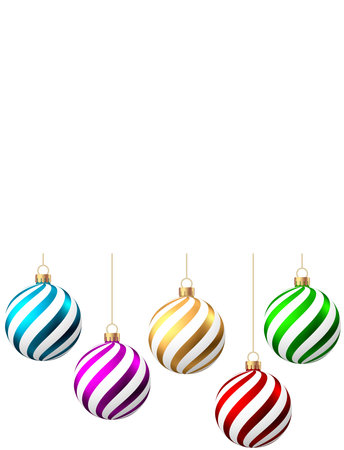 Red, blue, green, golden, purple Christmas balls with pattern isolated on white background. Xmas tree decoration with ornament. Vector bauble set.のイラスト素材