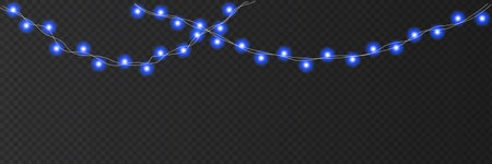 Festive Christmas light bulbs. Lightbulb glowing garland string. Xmas, wedding or New Year party blue led lamps, Christmas decoration. Winter holiday chain of fairy light. Vector festoon on dark background.のイラスト素材