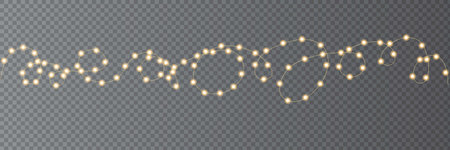 Festive Christmas light. Lightbulb glowing garland string. Xmas, New Year party led lamps, Christmas decoration. Winter holiday season golden chain of fairy light. Vector design element.のイラスト素材