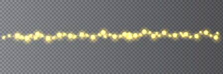 Festive Christmas light. Lightbulb glowing garland string. Xmas, New Year party led lamps, Christmas decoration. Winter holiday season golden chain of fairy light. Vector design element.のイラスト素材